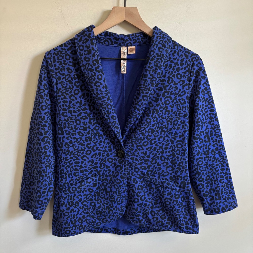Eye Shadow Blue Leopard Print Knit Blazer Jacket Single Button Size L